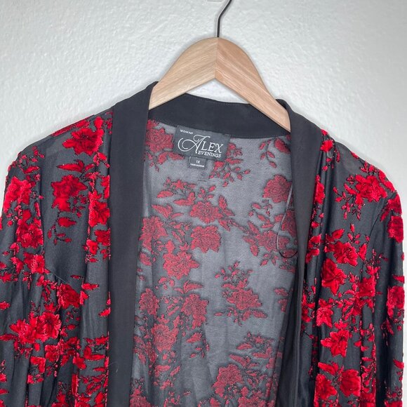 Alex Evenings Womens Red Black Floral Velvet Burnout Whimsygoth Cardigan kimono - Picture 3 of 9